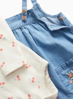 Cherry Print & Floral Denim Pinafore Dress Set 18-24 months