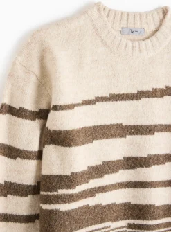 Cream Abstract Striped Crew Neck Jumper M