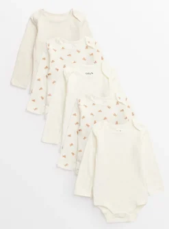 Cream Bear Print Long Sleeve Bodysuits 5 Pack Tiny Baby