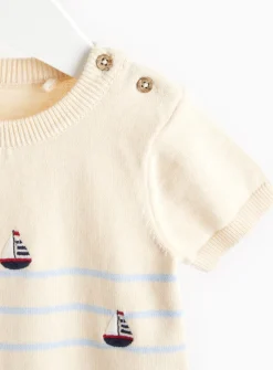 Cream Boat Embroidered Knitted Romper 9-12 months