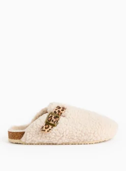 Cream Borg Buckle Mule Slippers S