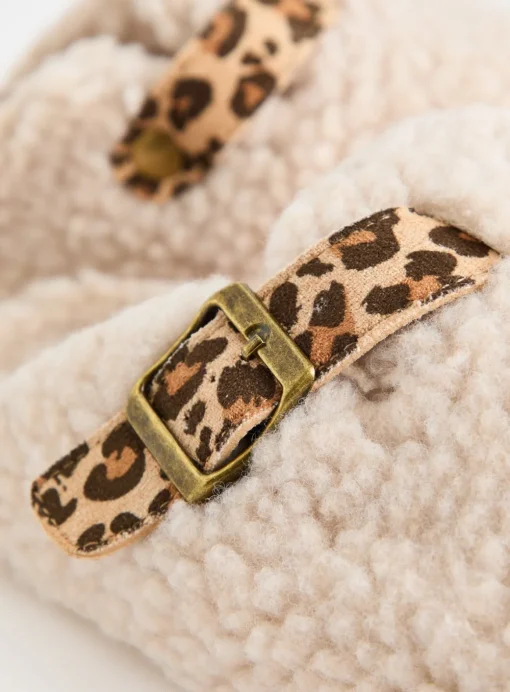 Cream Borg Buckle Mule Slippers S