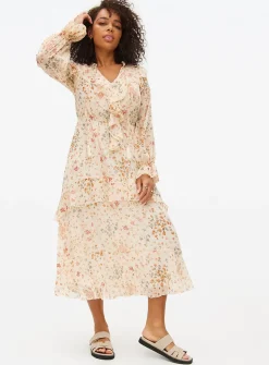 Cream Floral Ruffle Maxi Romantic Dress 12