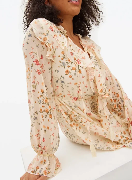 Cream Floral Ruffle Maxi Romantic Dress 12