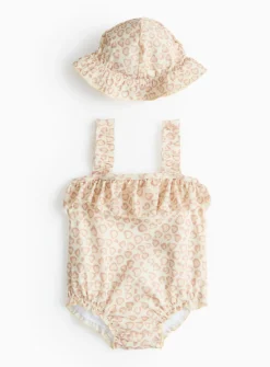 Cream Leopard Print Swimsuit & Bucket Hat 3-6 months