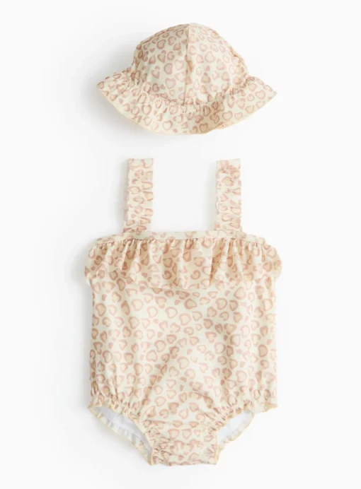 Cream Leopard Print Swimsuit & Bucket Hat 3-6 months