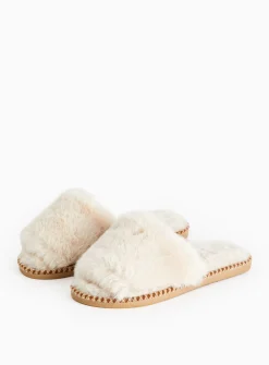 Cream Plush Faux Fur Mule Slippers M