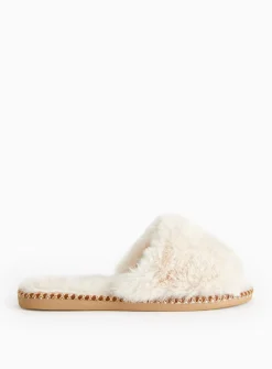 Cream Plush Faux Fur Mule Slippers M