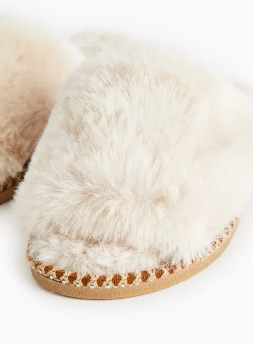 Cream Plush Faux Fur Mule Slippers M