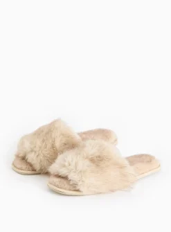 Cream Plush Faux Fur Sliders L