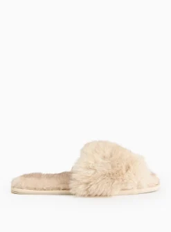 Cream Plush Faux Fur Sliders L