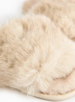 Cream Plush Faux Fur Sliders L