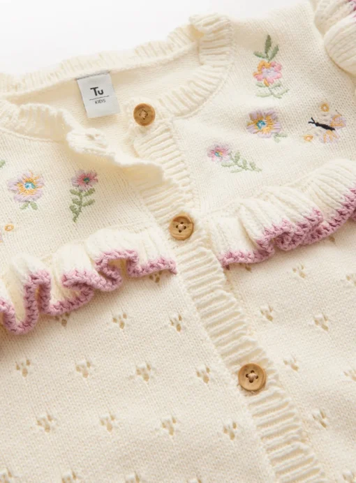 Cream Pointelle Floral Knitted Cardigan 2-3 years