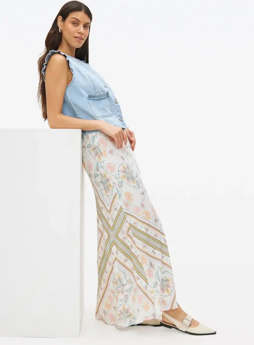 Cream Scarf Printed Midaxi Slip Skirt 22