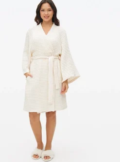 Cream Waffle Cotton Dressing Gown L
