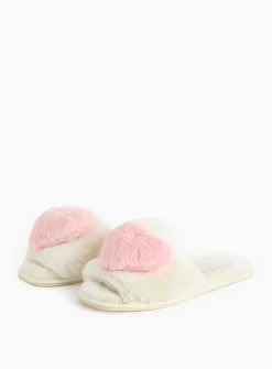 3D Heart Open Toe Faux Fur Slippers L