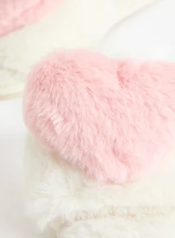 3D Heart Open Toe Faux Fur Slippers L