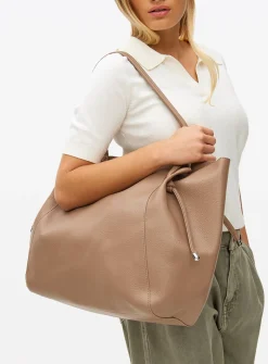 Dark Beige Faux Leather Pleat Shopper Bag One Size