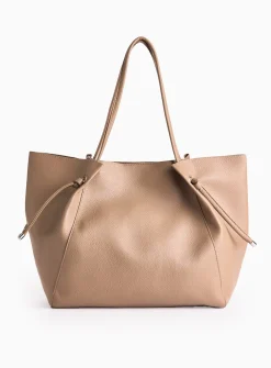 Dark Beige Faux Leather Pleat Shopper Bag One Size