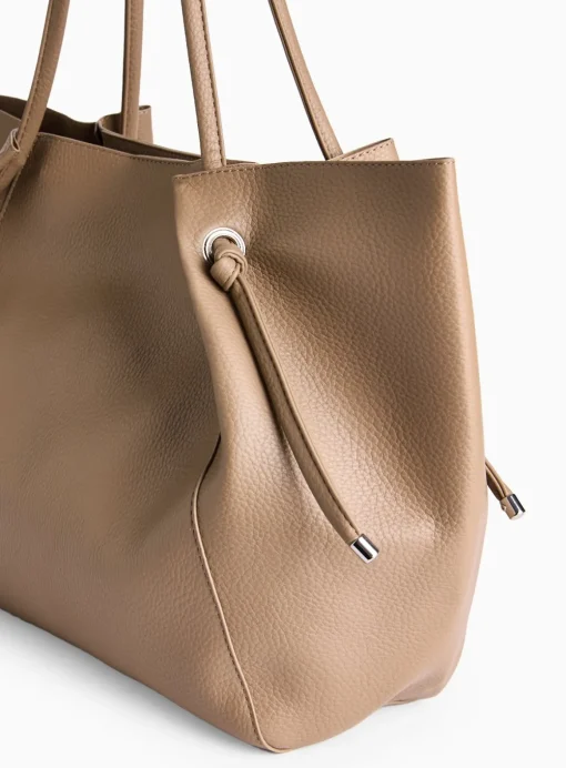 Dark Beige Faux Leather Pleat Shopper Bag One Size