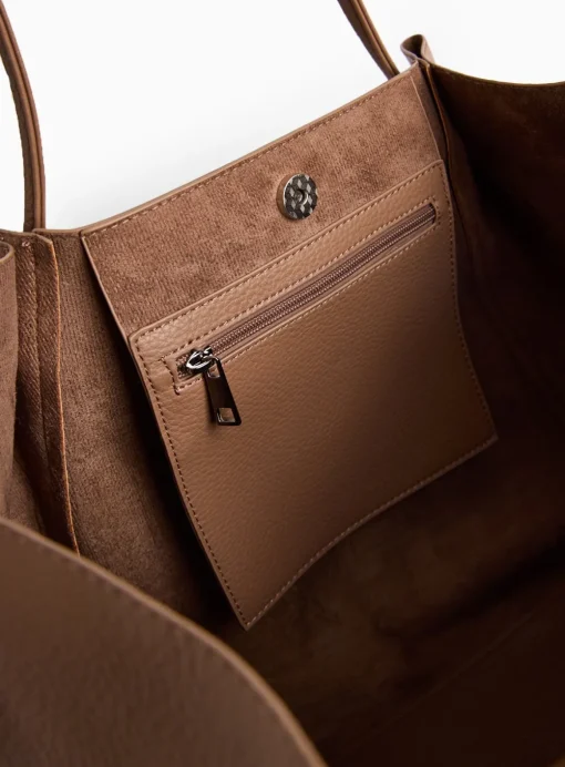 Dark Beige Faux Leather Pleat Shopper Bag One Size
