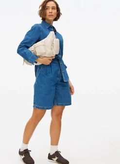 Dark Denim Pleated Bermuda Shorts 12