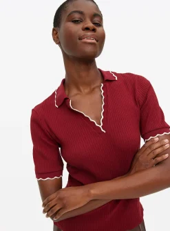 Dark Red Scallop Trim Contrast Polo Top 18