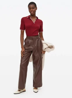 Dark Red Scallop Trim Contrast Polo Top 18