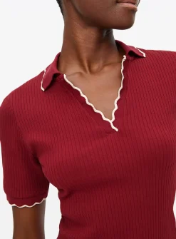 Dark Red Scallop Trim Contrast Polo Top 18