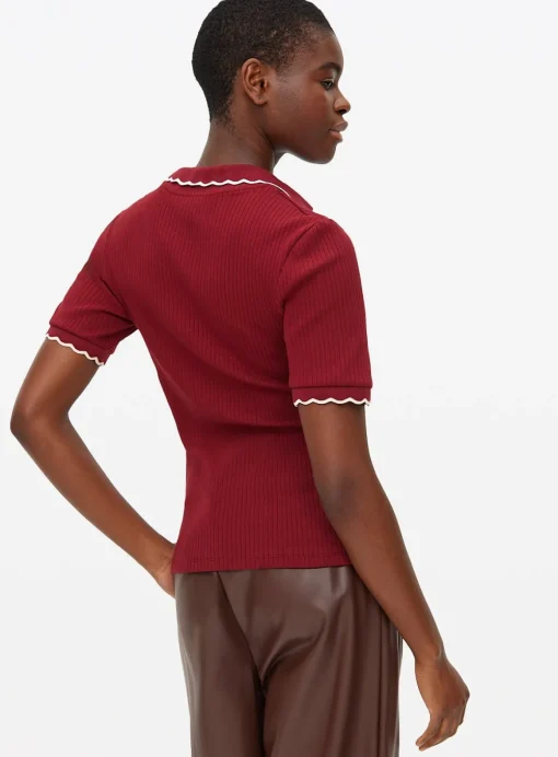 Dark Red Scallop Trim Contrast Polo Top 18