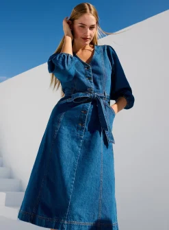 Denim V-Neck Belted Midaxi Dress 16