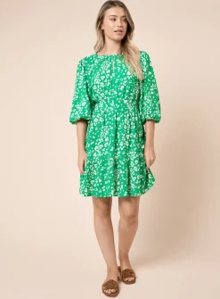 DOROTHY PERKINS Green Keyhole Puff Sleeve Tiered Mini Dress 12