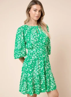 DOROTHY PERKINS Green Keyhole Puff Sleeve Tiered Mini Dress 12