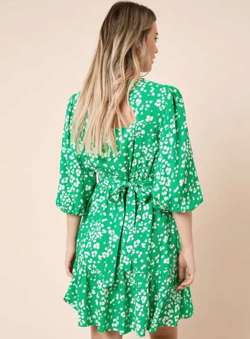 DOROTHY PERKINS Green Keyhole Puff Sleeve Tiered Mini Dress 12