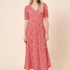 DOROTHY PERKINS Red Ditsy V Neck Short Sleeve Midi Dress 22
