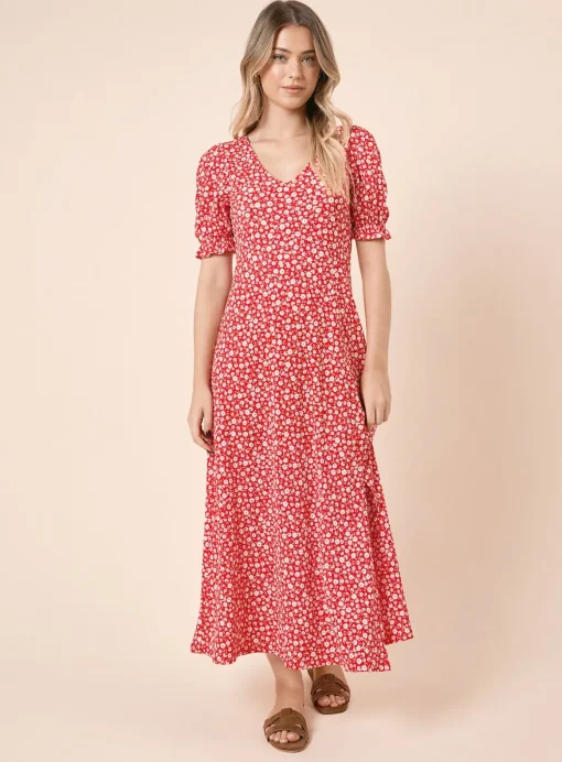 DOROTHY PERKINS Red Ditsy V Neck Short Sleeve Midi Dress 22