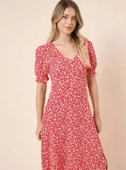 DOROTHY PERKINS Red Ditsy V Neck Short Sleeve Midi Dress 22