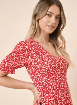 DOROTHY PERKINS Red Ditsy V Neck Short Sleeve Midi Dress 22