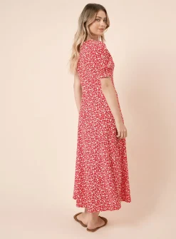 DOROTHY PERKINS Red Ditsy V Neck Short Sleeve Midi Dress 22