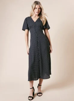 DOROTHY PERKINS Spot Button Through Flutter Sleeve Midi Dress 10