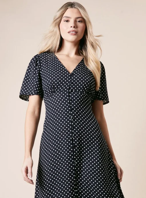 DOROTHY PERKINS Spot Button Through Flutter Sleeve Midi Dress 10