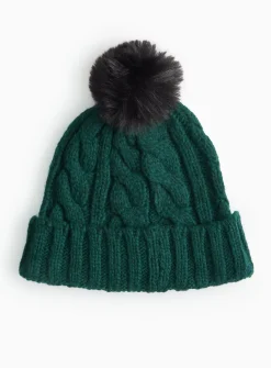 Emerald Green Cable Knitted Pom Pom Hat One Size