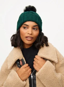Emerald Green Cable Knitted Pom Pom Hat One Size