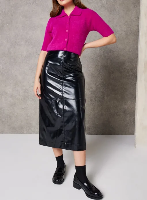 EVERBELLE Black PU Column Midi Skirt 6