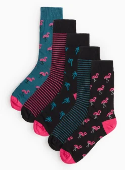 Flamingo Palm Tree Pattern Ankle Socks 5 Pack 9-12