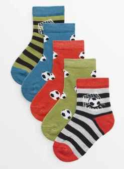 Football & Stripe Print Ankle Socks 5 Pack 6-8.5