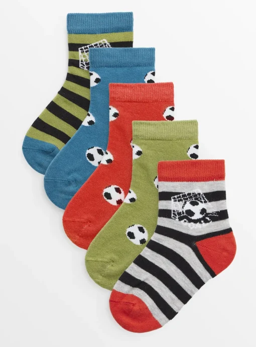 Football & Stripe Print Ankle Socks 5 Pack 6-8.5