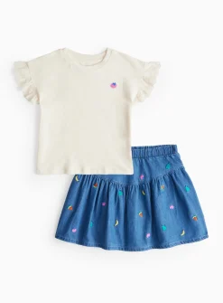 Fruit Embroidered T-Shirt & Denim Skirt Set 1-2 years