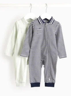 Green & Navy Stripe Collared Rompers 2 Pack 6-9 months