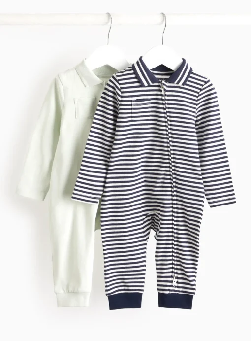 Green & Navy Stripe Collared Rompers 2 Pack 6-9 months